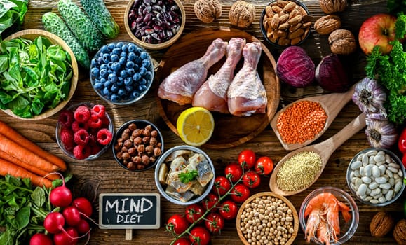 Food products representing the MIND diet created to reduce dementia and the decline in brain health. Mediterranean-DASH Intervention for Neurodegenerative Delay