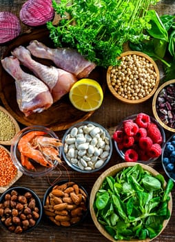 Food products representing the MIND diet created to reduce dementia and the decline in brain health. Mediterranean-DASH Intervention for Neurodegenerative Delay