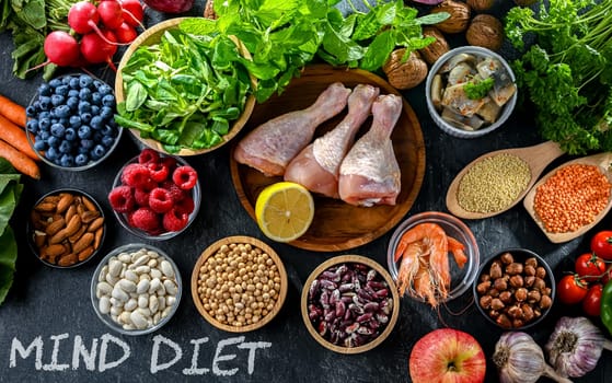 Food products representing the MIND diet created to reduce dementia and the decline in brain health. Mediterranean-DASH Intervention for Neurodegenerative Delay
