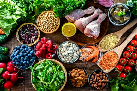 Food products representing the MIND diet created to reduce dementia and the decline in brain health. Mediterranean-DASH Intervention for Neurodegenerative Delay