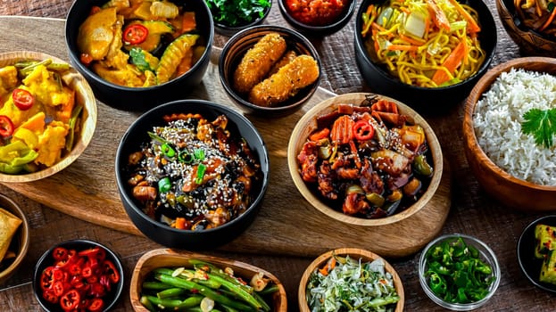 Composition with variety of east asian dishes.