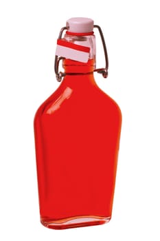 Small rounded transparent reuseable swing top bottle with red alcohol, softdrink or other with space for your label design. Isolated on a white background.