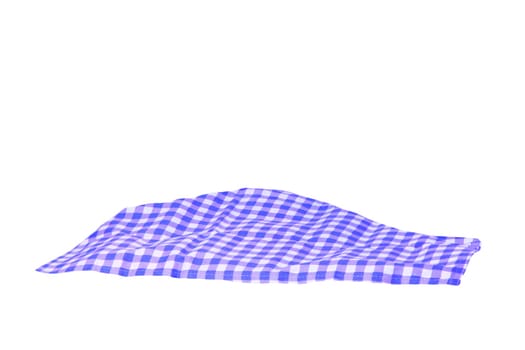 Closeup of a blue and white checkered napkin or tablecloth texture isolated on white background. Clipping path. Kitchen accessories. Top view.