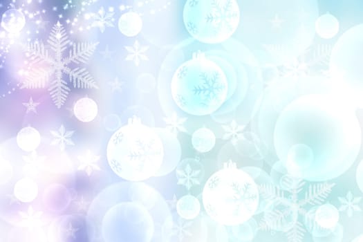 Abstract blurred festive winter christmas or Happy New Year background with shiny pink and green bokeh lighted xmas balls and stars. Space for your design. Card concept.