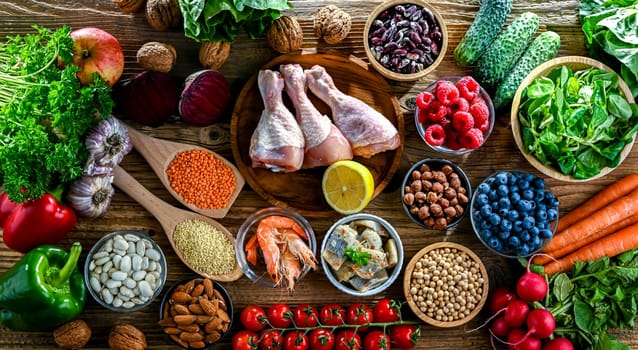 Food products representing the MIND diet created to reduce dementia and the decline in brain health. Mediterranean-DASH Intervention for Neurodegenerative Delay