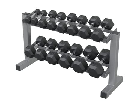 Gym Dumbbell rack, a stand for weightlifting gym equipment with different size and weight dumbbells, isolated on white background. 3D illustration