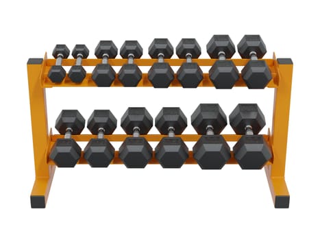 Gym Dumbbell rack, a stand for weightlifting gym equipment with different size and weight dumbbells, isolated on white background. 3D illustration