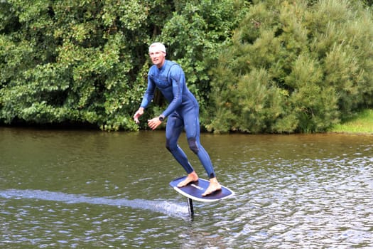 Kitsurfer Ben Benholz showed fascinating trend sports,such as pump and wing foiling,on the trade fair lake.   The Interboot 2024 Friedrichshafen trade fair will open its doors on 25.09.2024