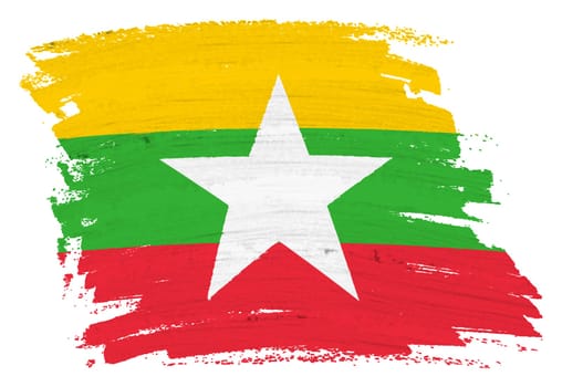 A Myanmar flag background paint splash brushstroke 3d illustration with clipping path yellow green red stripe white star