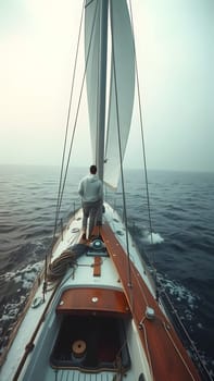 A sailor stands at the helm of a classic sailboat, surrounded by misty waters. The tranquil atmosphere captures the essence of early morning sailing as sails catch the gentle breeze.
