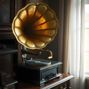 A vintage gramophone plays a vinyl record in a cozy living room. Soft sunlight filters through the curtains, creating a warm atmosphere that enhances the nostalgic vibe of the scene.