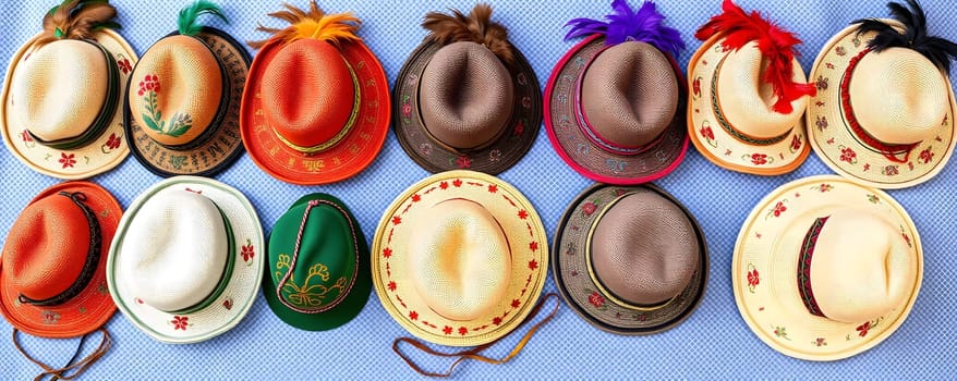 A collection of colorful, traditional hats is arranged neatly on a blue background. Each hat features unique designs and embellishments, showcasing cultural artistry.