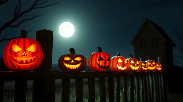 A row of carved pumpkins with cheerful and spooky faces illuminates a wooden fence, bathed in the soft glow of a full moon overhead on a crisp autumn night.