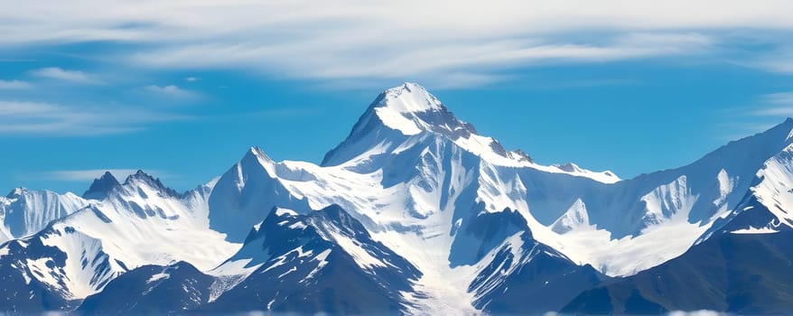 Majestic snow-capped peaks rise dramatically against a vibrant blue sky, showcasing nature's grandeur in a serene alpine landscape. The scene captures the essence of winter beauty.