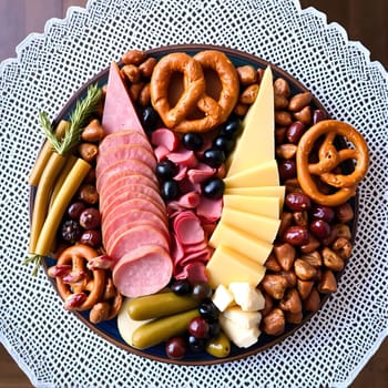 A colorful assortment of cured meats, various cheeses, olives, pickles, and pretzels arranged beautifully on a decorative platter, perfect for gatherings or entertaining guests.