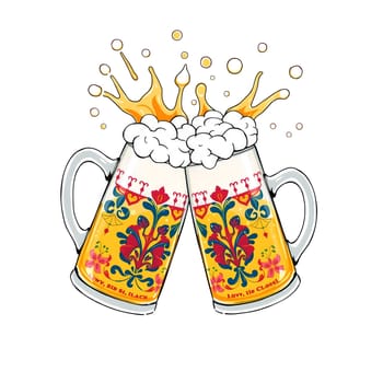 Two ornate beer mugs are clinking together, overflowing with frothy beer. The setting captures a festive atmosphere, perfect for friendly gatherings and joyful moments.