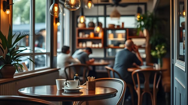 A charming cafe atmosphere filled with warm light, where customers sit at wooden tables, sipping beverages and enjoying conversation, creating a peaceful afternoon vibe.