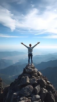 A person stands triumphantly on top of a rocky peak, arms raised in celebration, overlooking vast mountain ranges and a bright blue sky. The scene captures a moment of achievement and freedom.
