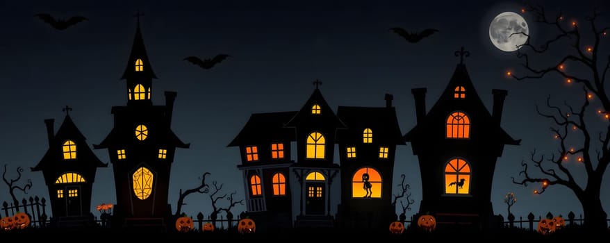 Colorful houses adorned with jack-o'-lanterns create a spooky atmosphere on Halloween night, as bats fly in the sky and a bright full moon casts an eerie glow over the scene.