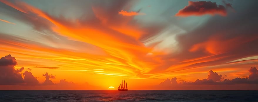 A majestic ship sails across the calm ocean as the sun sets, painting the horizon with warm orange and pink hues. The sky is filled with dramatic clouds, enhancing the serene atmosphere.