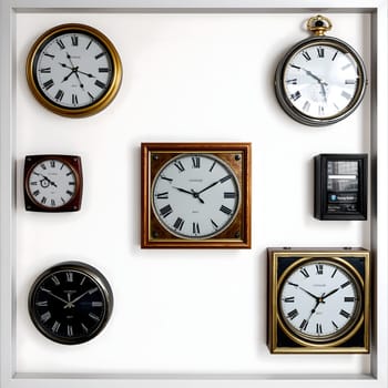 Various vintage clocks with Roman numerals are arranged on a white wall, showcasing different styles and sizes, adding a charming touch to the cozy atmosphere of the space.