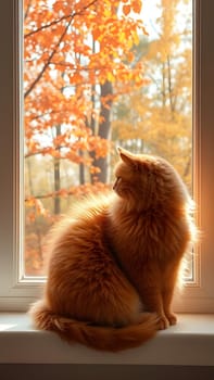 An orange cat rests on a windowsill, watching the vibrant autumn foliage outside. Sunlight filters through the window, highlighting the cat's fluffy fur and the colorful leaves.
