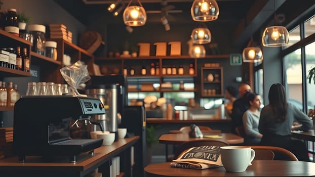 A welcoming coffee shop features wooden shelves filled with bottles and cups, ambient lighting, and customers engaged in conversation while enjoying beverages during the afternoon.