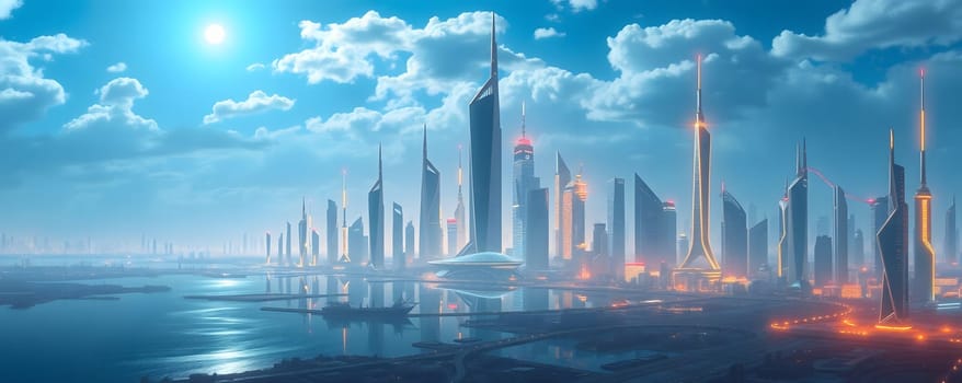 A sprawling futuristic city boasts tall skyscrapers with shining lights, set against a vibrant sky. The calm waterfront reflects the architectural marvels as the day transitions into twilight.
