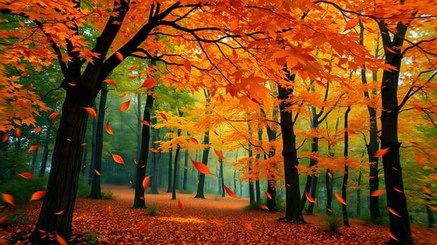 Vibrant orange leaves gently fall from trees in a tranquil forest setting during autumn, creating a colorful carpet on the ground and showcasing the beauty of the season.