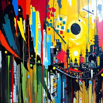 A dynamic abstract depiction of a city at sunset, featuring bold colors and striking shapes. Tall buildings silhouette against a bright yellow and orange sky, creating an energetic atmosphere.