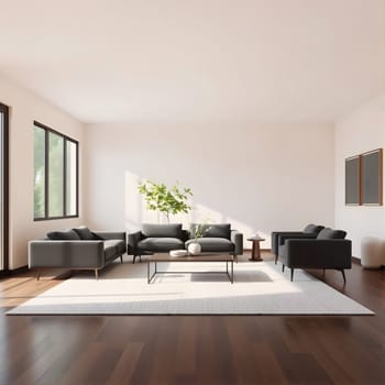 A spacious living room showcases minimalist furniture with a monochromatic palette. Large windows bring in sunlight, creating a warm atmosphere with indoor plants adding a touch of nature.