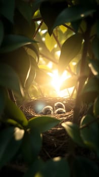 A cozy nest cradles three tiny hatchlings, surrounded by vibrant green leaves. The warm glow of the rising sun illuminates the scene, creating a serene atmosphere.