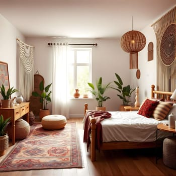 This warm bedroom features a wooden bed, decorative plants, and woven decor, creating a serene atmosphere filled with natural light and earthy tones.