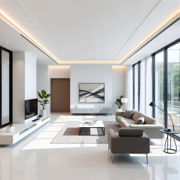 This stylish living room features large windows that fill the space with natural light, sleek furnishings, and a minimalist design, creating a welcoming atmosphere for relaxation and socializing.