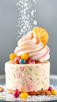 A stunning dessert showcases layers of cake topped with creamy frosting, colorful sprinkles, and a slice of lemon. Powdered sugar is artfully sprinkled on top, enhancing its appeal.