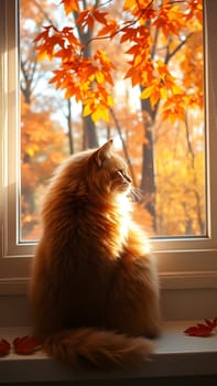 The orange cat sits on a windowsill, illuminated by sunlight, gazing outside at vibrant autumn leaves. The warm colors of fall create a cozy atmosphere in the room.