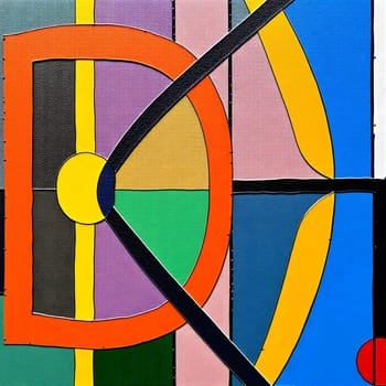 This artwork displays a vibrant composition of geometric shapes and colors, blending yellows, greens, oranges, blues, and purples in a striking abstract form