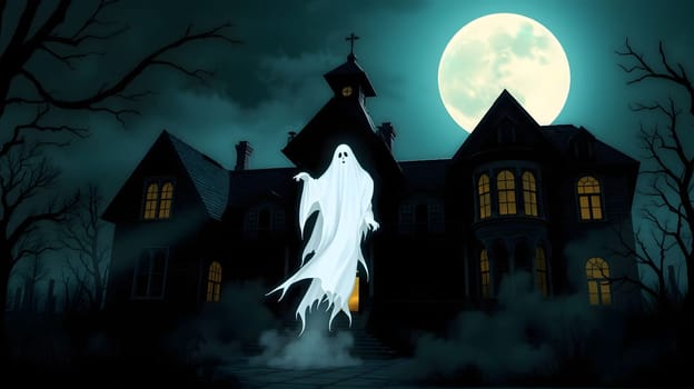 A ghostly figure hovers in mid-air, illuminated by a full moon, near a dark and eerie haunted house surrounded by bare trees and mist, creating a chilling atmosphere of mystery.