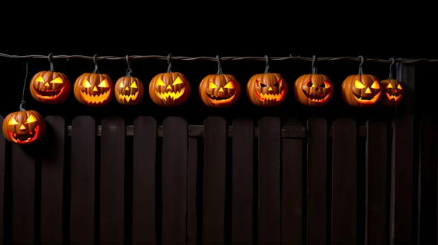 A line of glowing jack-o'-lanterns is displayed on a wooden fence, creating a festive atmosphere for Halloween night, with carved faces illuminating the dark surroundings.