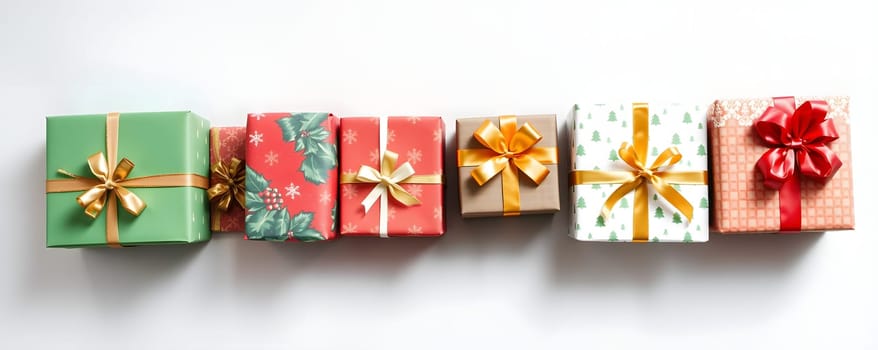 Colorful gifts wrapped in shiny paper with ribbons are arranged neatly on a white surface. The packages vary in size and feature festive patterns, making them ideal for celebrations.