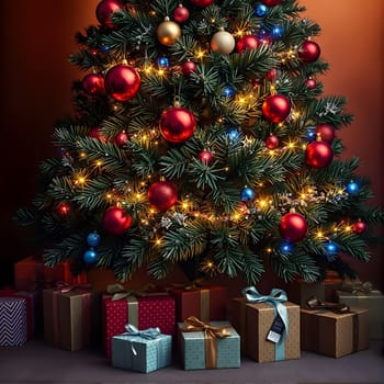 Under soft golden lights, a festive Christmas tree is decorated with shiny red and blue ornaments, surrounded by carefully wrapped gifts, creating a warm seasonal atmosphere.
