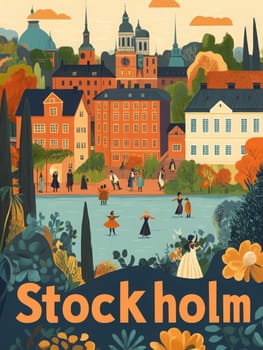 Experience the delightful scenery of Stockholm during autumn. Colorful buildings line the waterfront as locals partake in lively activities, surrounded by stunning foliage and historical landmarks.