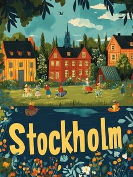 Experience the joy of Stockholm in a colorful park setting, where people dance and enjoy the beauty of nature amidst charming houses and blooming flowers on a sunny day.