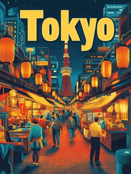 Explore Tokyos lively night markets, where colorful lanterns light up stalls filled with mouthwatering street food and a vibrant ambiance, all set against the iconic Tokyo Tower.