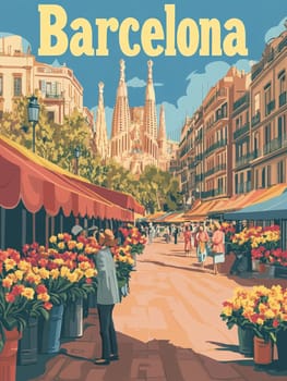 Stroll through a lively street market adorned with colorful flowers, framed by the iconic spires of a grand cathedral. Enjoy the bright sunshine and the bustling atmosphere of Barcelona.