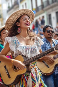 Festive street scene with smiling people in traditional Mexican clothing singing and dancing, AI generated