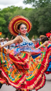 Woman in colorful traditional dress dancing at a latin american street festival, AI generated