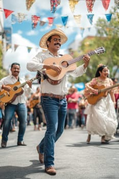 Festive street scene with smiling people in traditional Mexican clothing singing and dancing, AI generated
