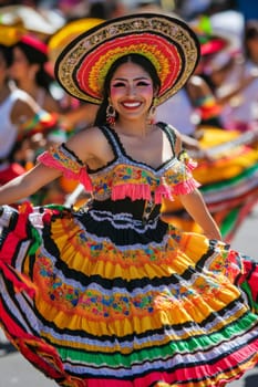 People in traditional Mexican clothing smiling and dancing outdoors, festive atmosphere, AI Generated