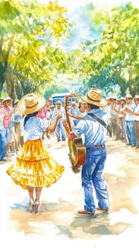 Colorful street latin american celebration with happy people dancing and playing musical instruments, AI Generated